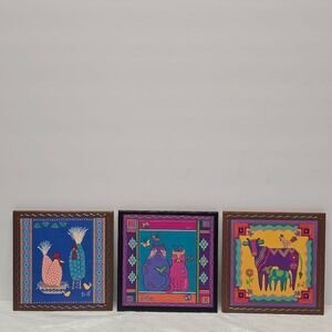 Vintage TU-OTI Wall Hanging Art TILE Set Of 3 Farm Life Cows Chickens Cats